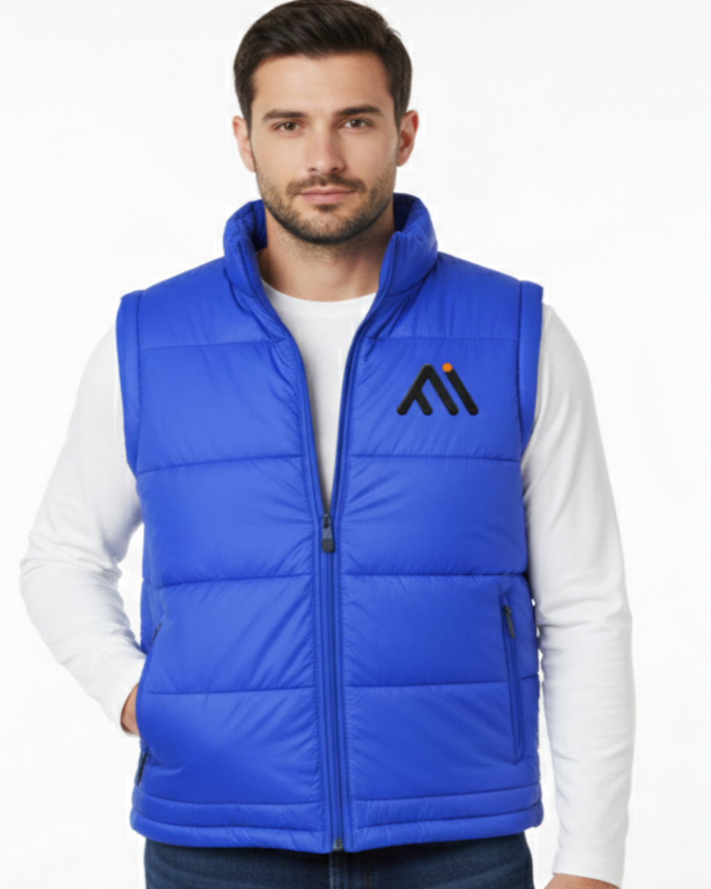 Man wearing a blue puffer vest with a logo on a white background MI-06
