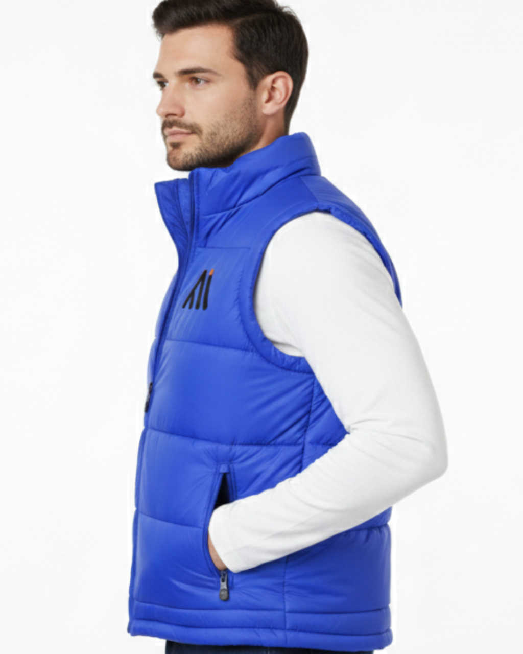 Man wearing a blue puffer vest with a white shirt underneath on a white background MI-07
