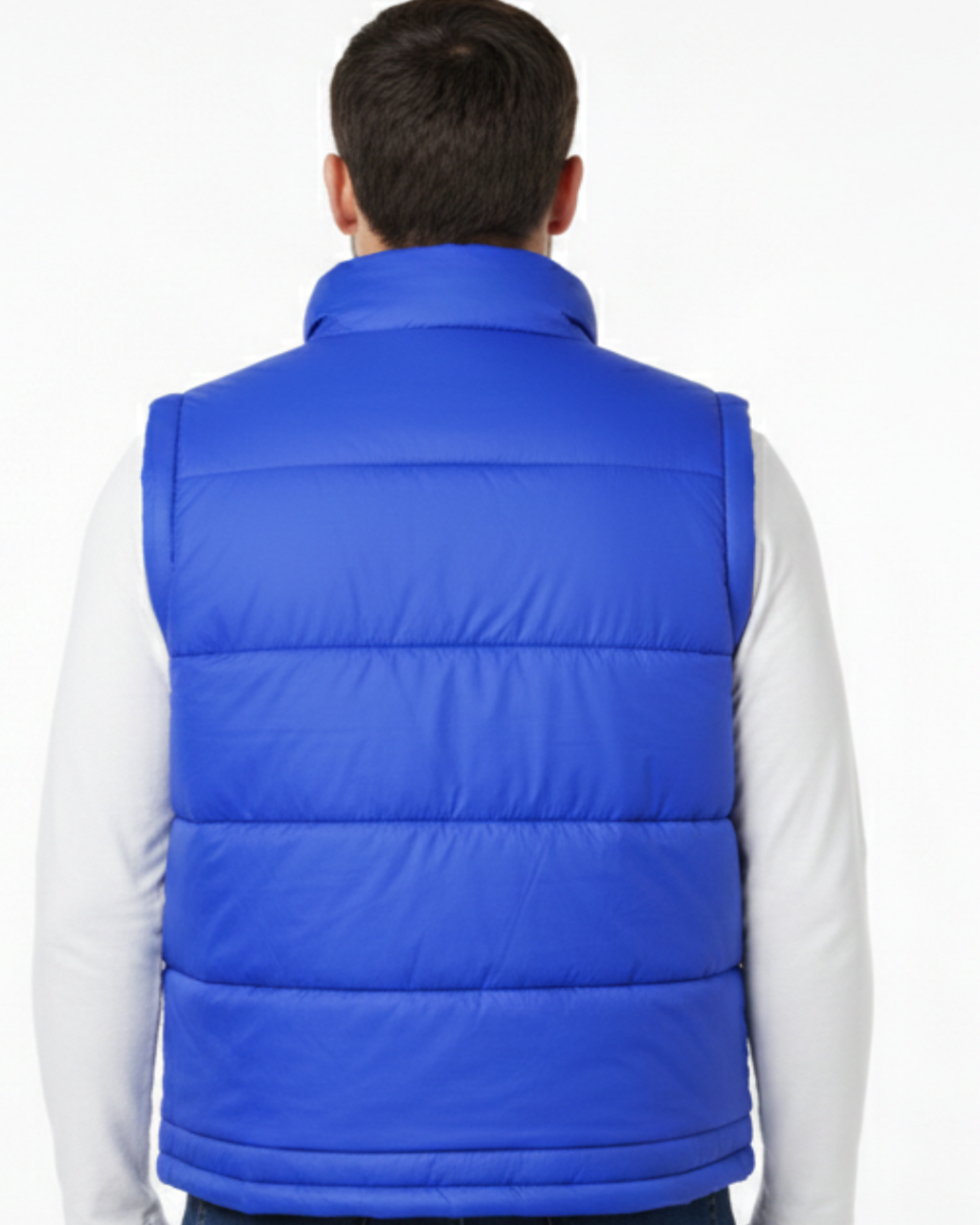 Person wearing a blue puffer vest on a white background MI-08