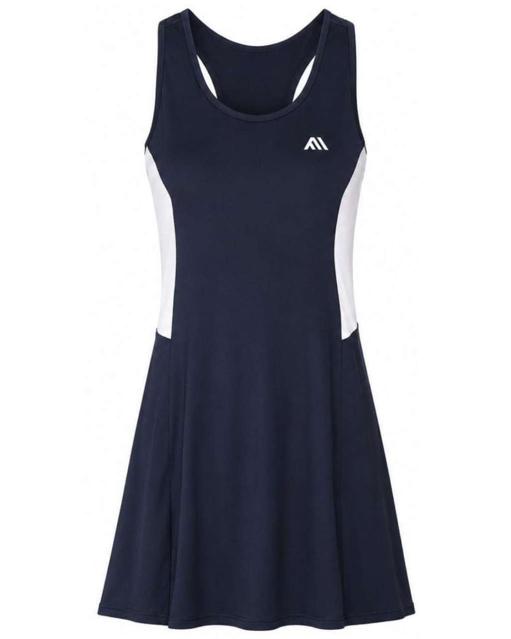 A sleeveless athletic dress in navy blue with white side panels and a small white logo on the chest, shown against a plain white background.