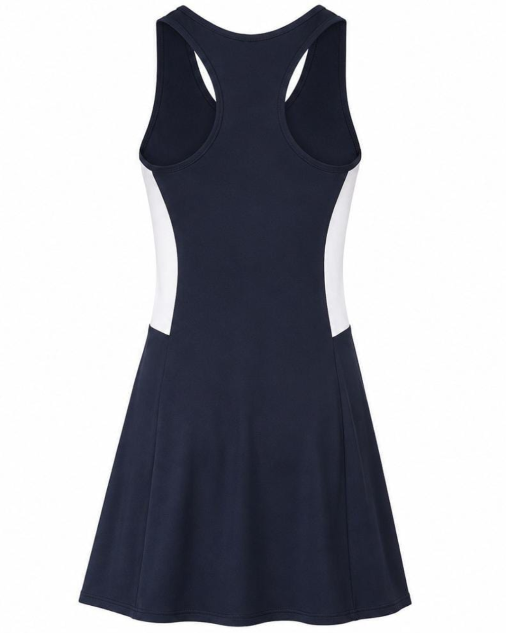 A sleeveless athletic dress in navy blue with white side panels, shown from the back on a plain white background.