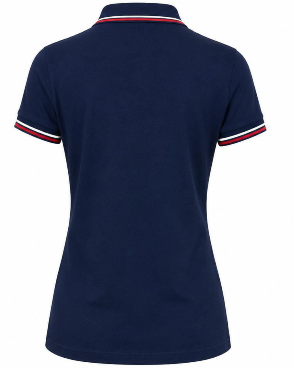 A navy blue short-sleeve polo shirt shown from the back, featuring a classic collar with red, white, and navy stripes, and matching striped ribbed cuffs.