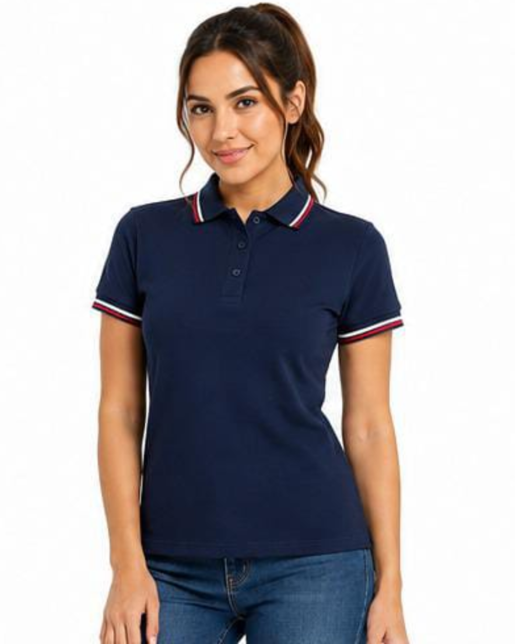 A woman modeling a navy blue short-sleeve polo shirt with white and red striped trim on the collar and sleeve cuffs, paired with blue jeans against a plain white background.