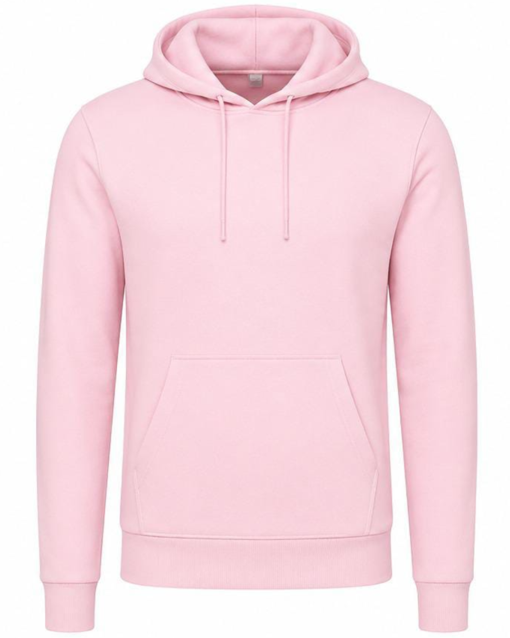 A light pink pullover hoodie with a front kangaroo pocket and matching drawstrings, shown against a plain white background.