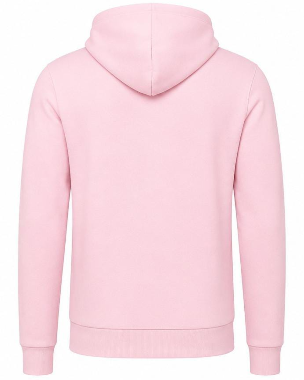 A light pink pullover hoodie shown from the back, featuring a simple center seam and ribbed cuffs and hem, set against a plain white background.