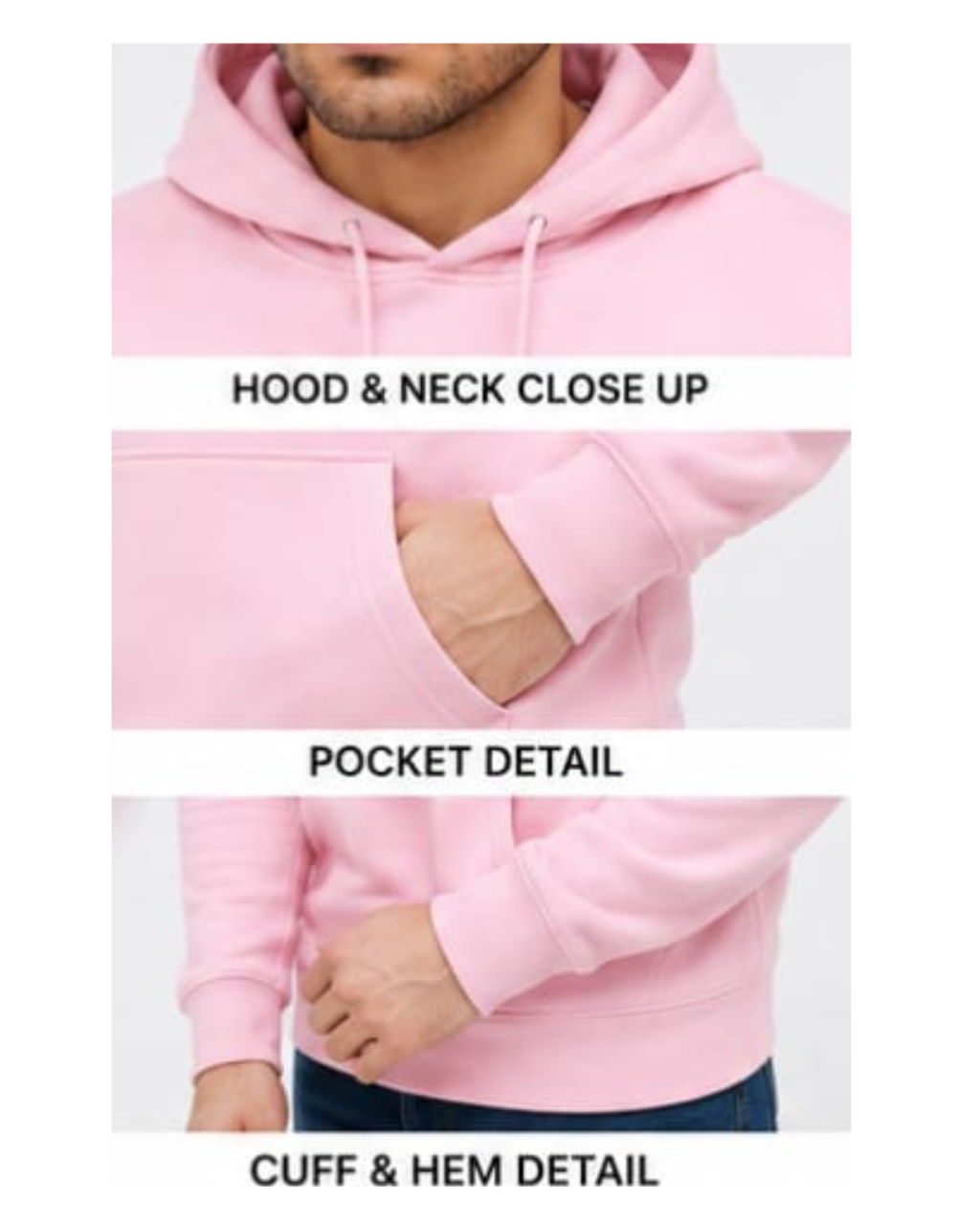 Three-panel close-up of a light pink pullover hoodie worn by a model, showing the hood and neck, a front pocket detail with a hand in the pocket, and a cuff and hem detail.