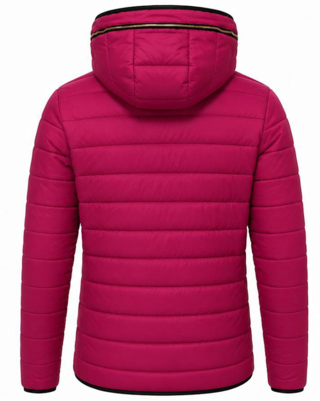 A bright pink hooded puffer jacket shown from the back, featuring horizontal quilting and black trim along the hood and hem.