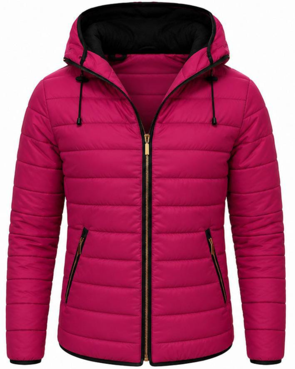 A men's bright pink quilted puffer jacket with a black-lined hood, black zipper details, and gold-tone hardware, shown on a plain white background.