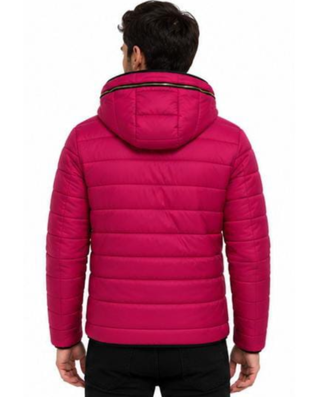 A man viewed from the back wearing a bright pink hooded puffer jacket with horizontal quilting and black pants, against a plain white background.