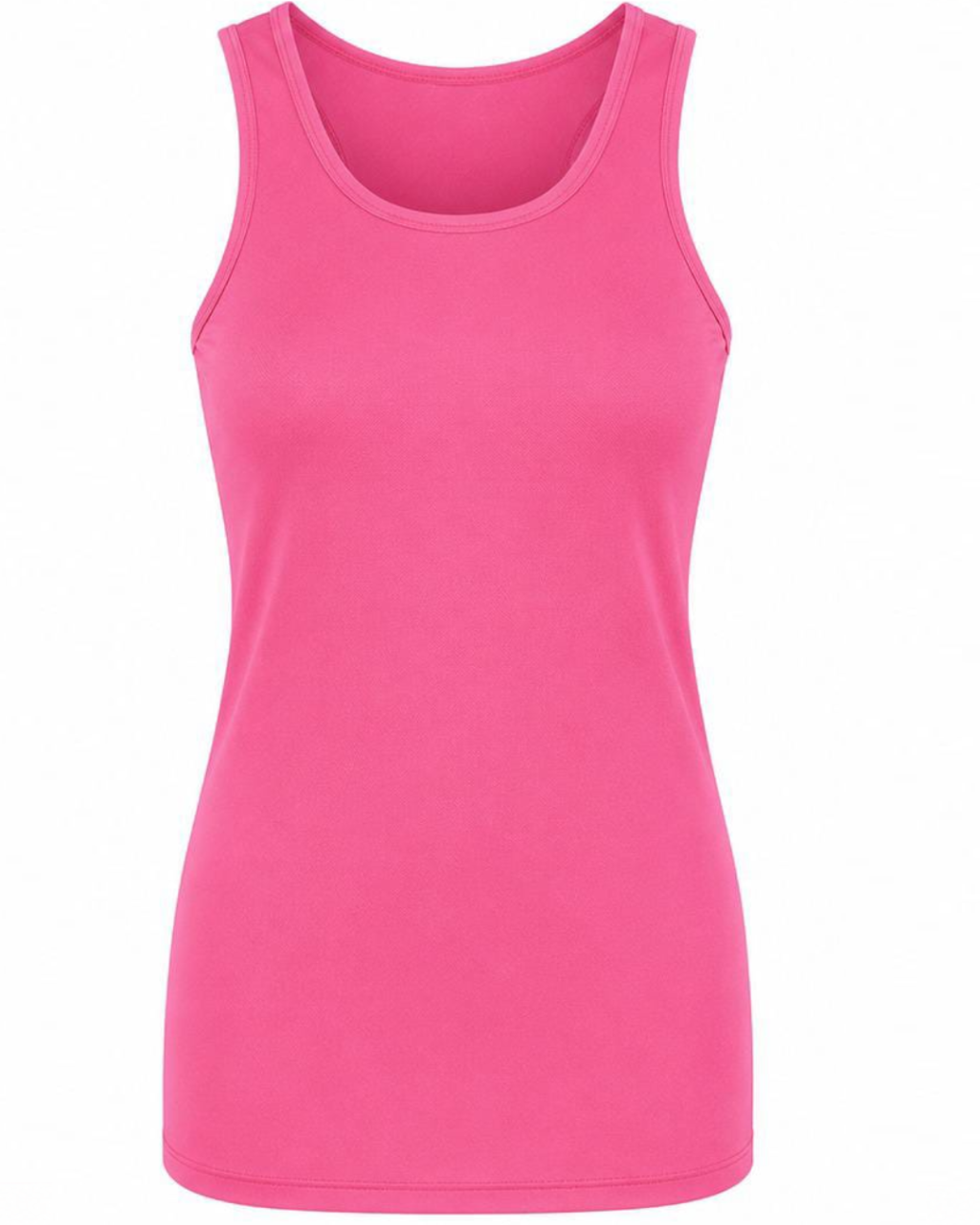 A bright pink sleeveless tank top with a wide scoop neckline, shown on a plain white background.