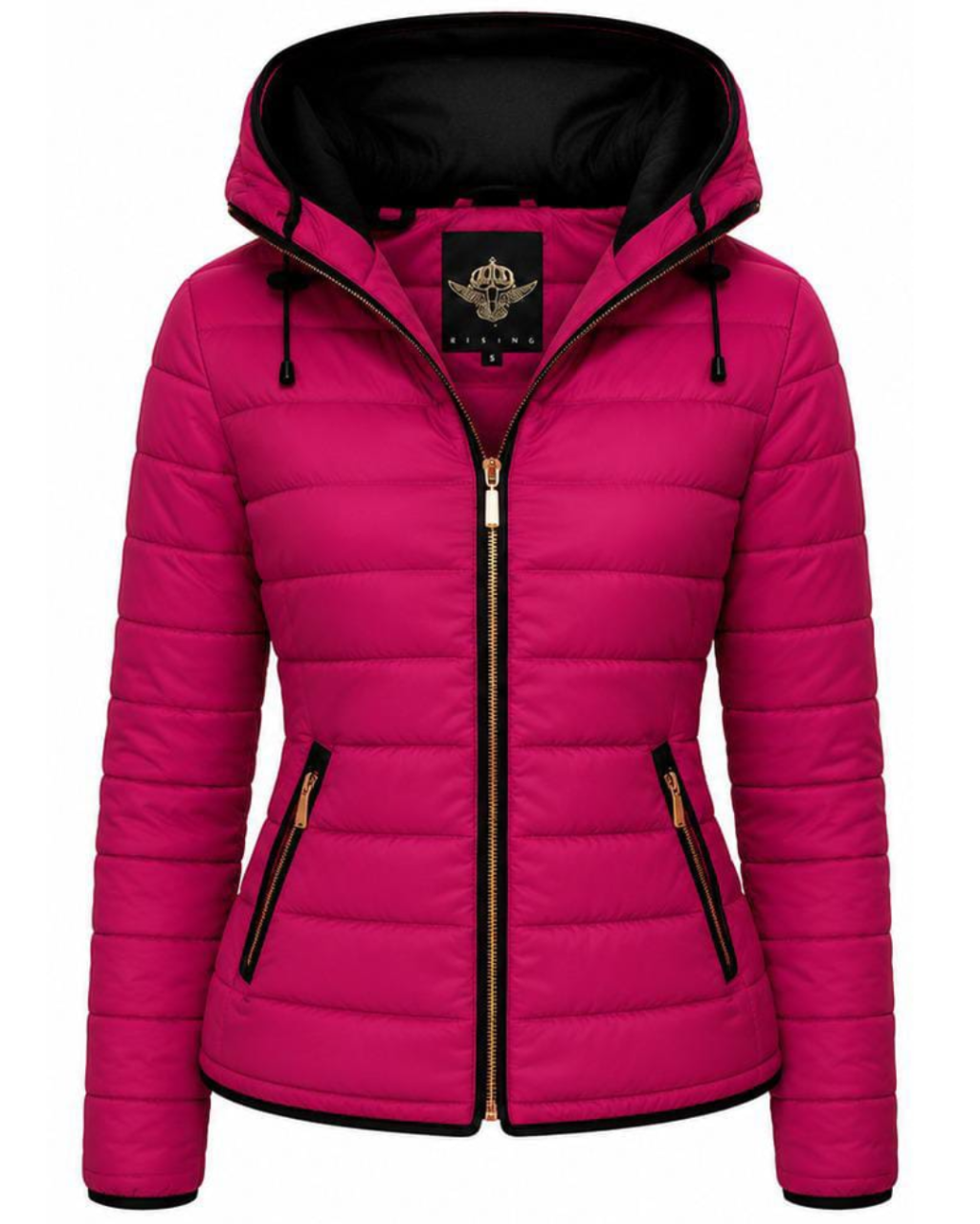 A women's bright pink puffer jacket with a black hood lining, black zipper, and gold-tone hardware, shown on a plain white background.