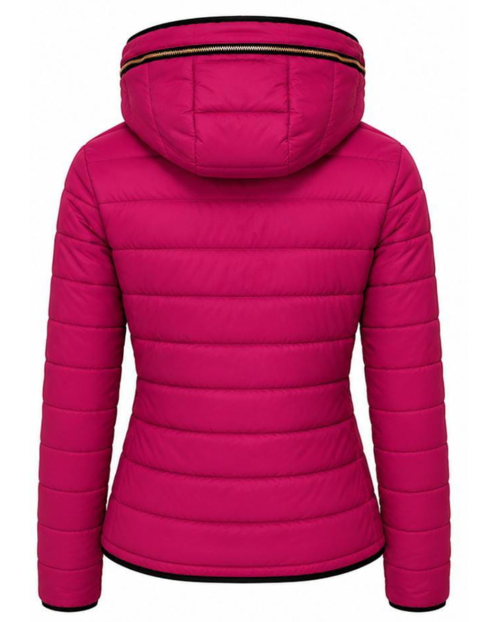 A bright pink hooded puffer jacket shown from the back, featuring horizontal quilting and black trim along the hood zipper and hem.