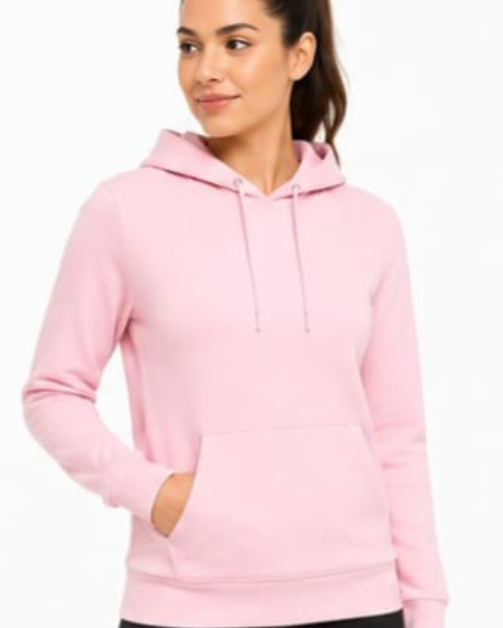 A woman wearing a light pink pullover hoodie with drawstrings and a front kangaroo pocket, photographed against a plain white background.