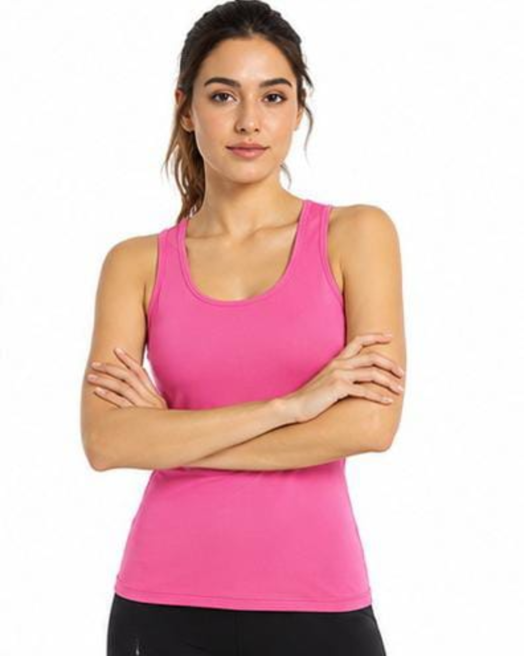A woman modeling a bright pink athletic tank top against a plain white background.