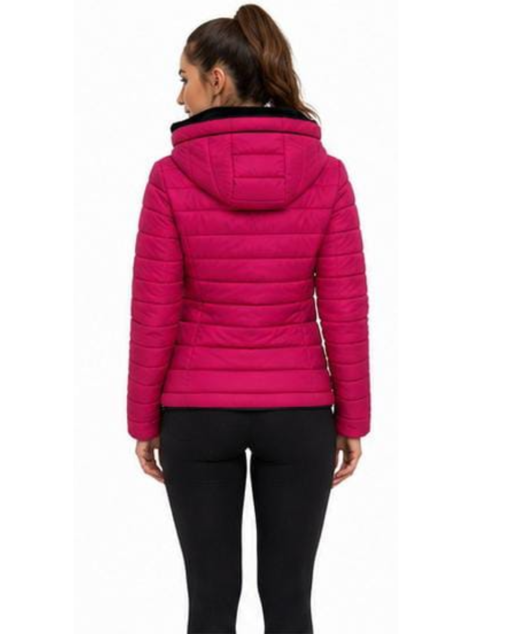A woman viewed from the back wearing a bright pink quilted puffer jacket with a black hood lining and black leggings, against a plain white background.