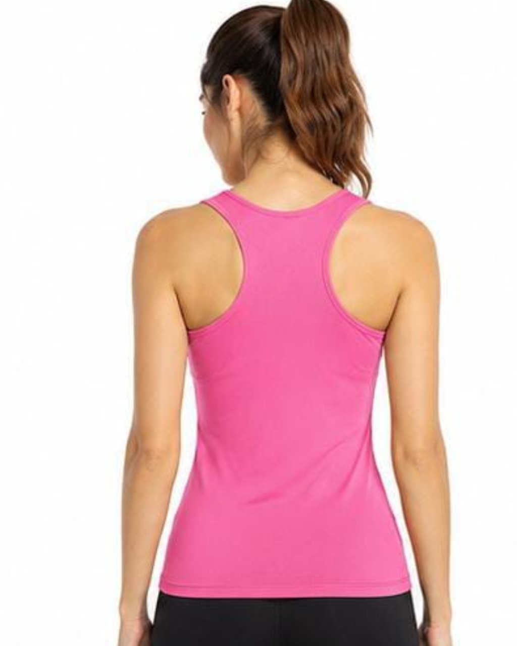 A woman shown from the back wearing a bright pink racerback tank top and black bottoms against a plain white background.