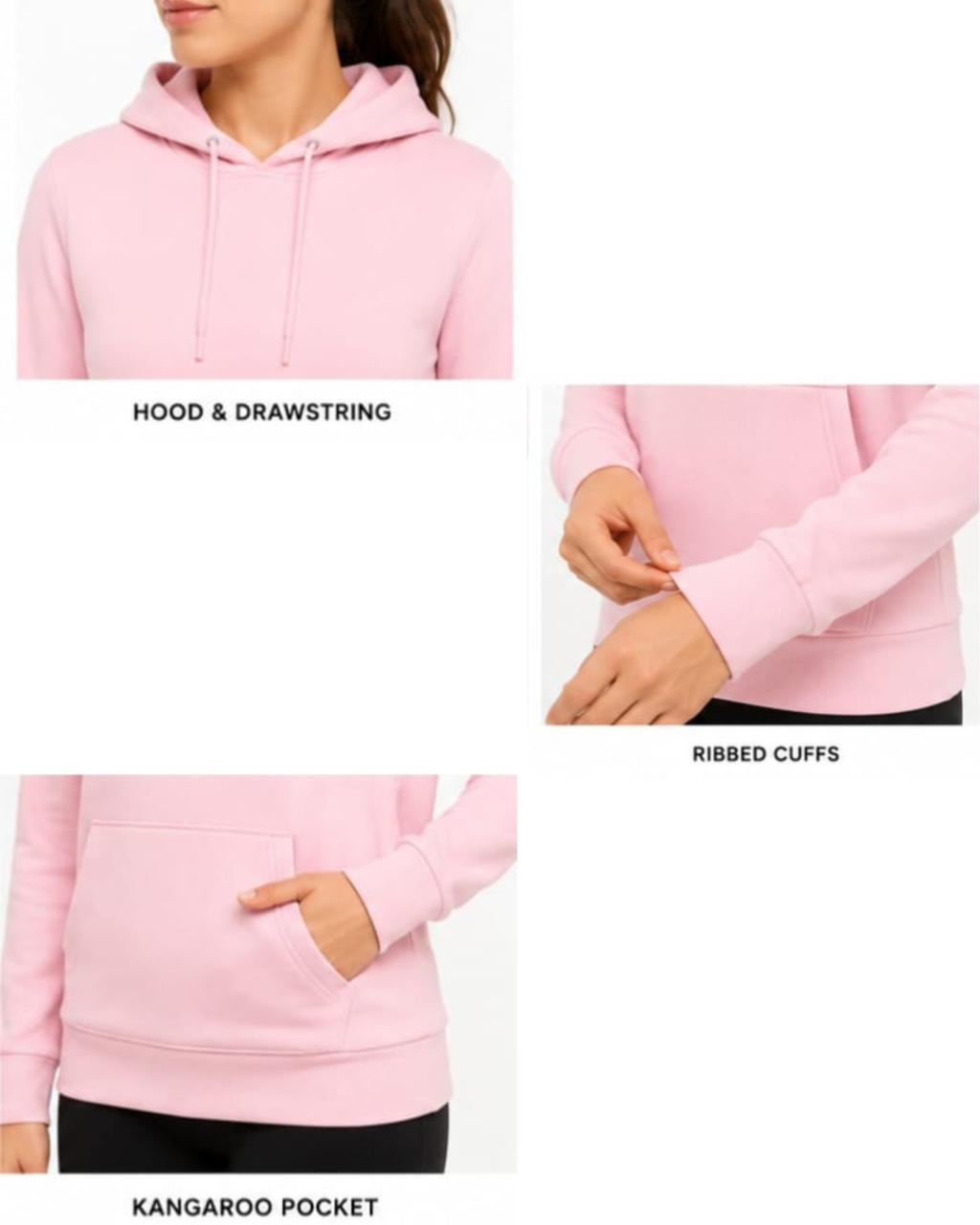 A pink pullover hoodie shown in three cropped detail panels on a white background, with text labels reading 'HOOD & DRAWSTRING,' 'Ribbed Cuffs,' and 'Kangaroo Pocket.' A person is partially visible wearing the garment, so this is classified as Lifestyle rather than Product/Packaging.