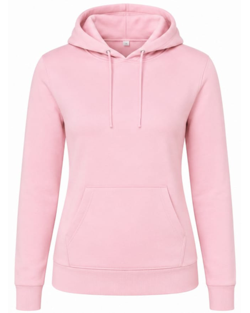A light pink pullover hoodie with a front kangaroo pocket and matching drawstrings, shown on a plain white background.