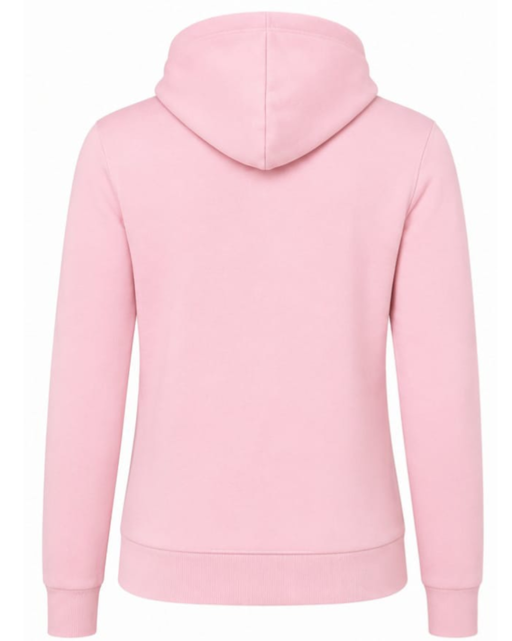 A light pink pullover hoodie shown from the back, featuring a simple stitched hood and long sleeves, displayed on a clean white background.