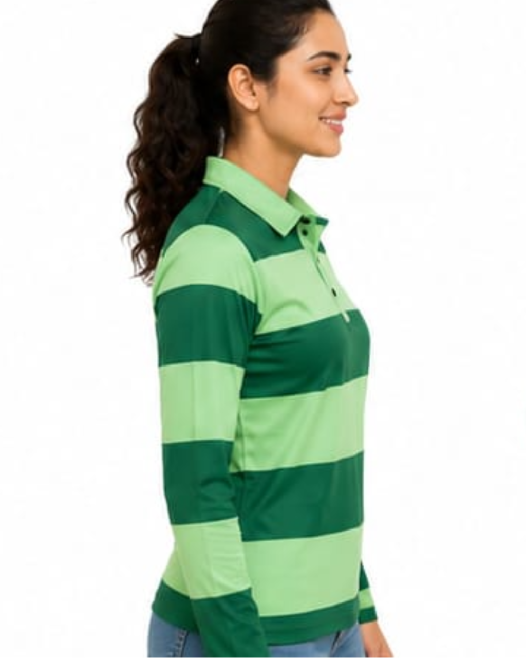 A woman wearing a green and light green horizontally striped long-sleeve polo shirt, shown in profile against a plain white background.