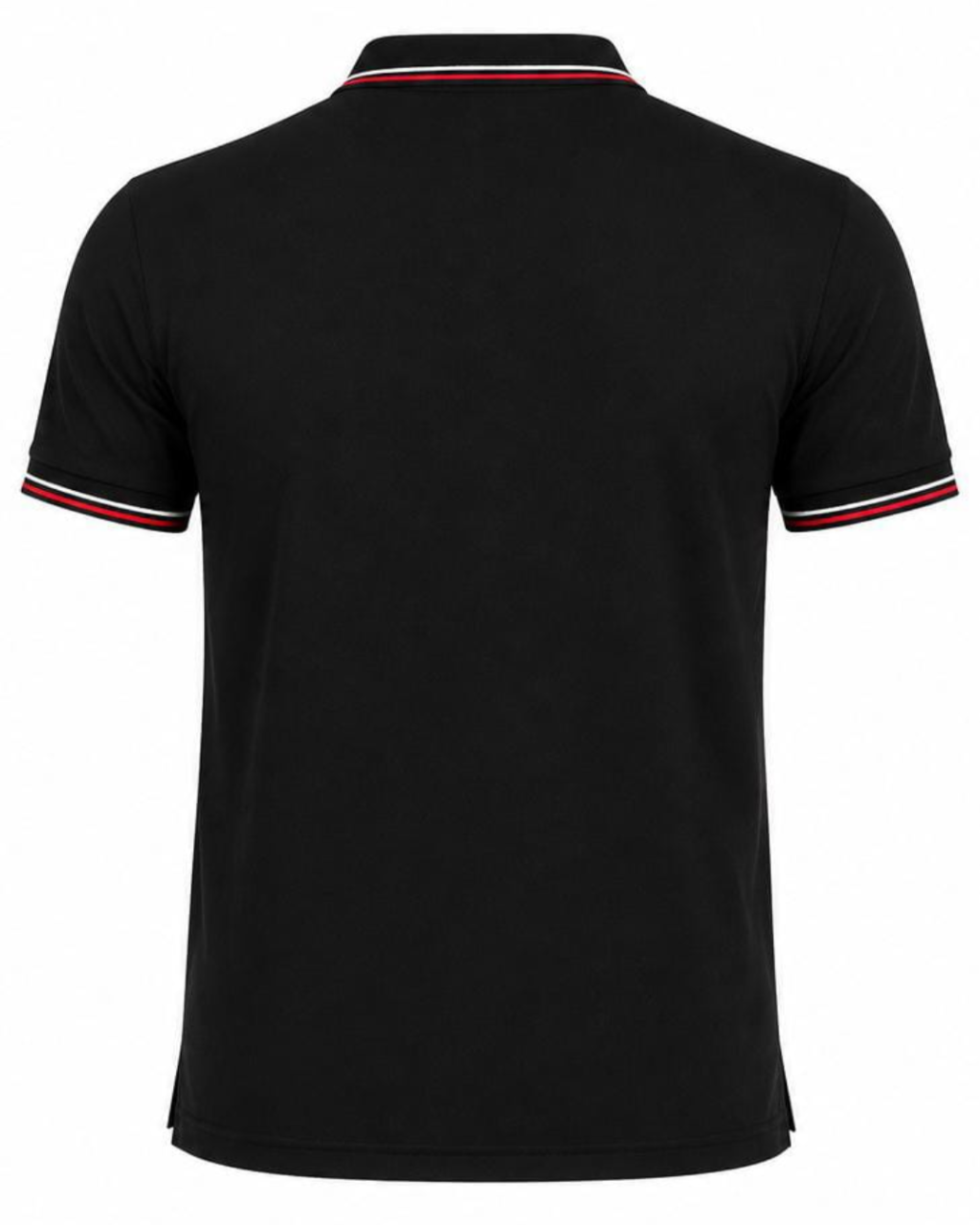 Black short-sleeve polo shirt shown from the back, featuring a classic ribbed collar with red, white, and blue stripes, and matching striped trim on the sleeve cuffs.