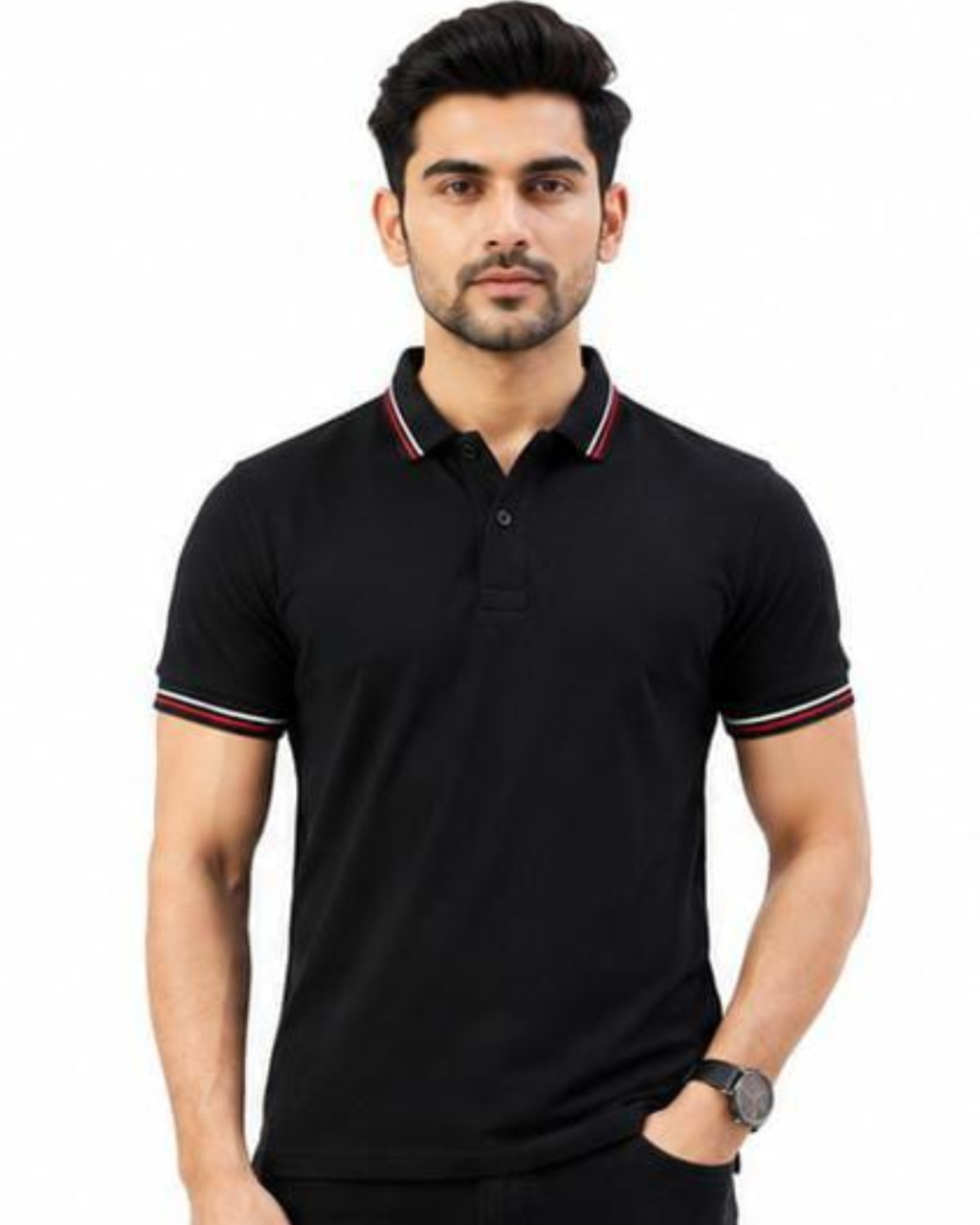 A man wearing a black short-sleeve polo shirt with red and white striped trim on the collar and sleeve cuffs, photographed against a plain white background.