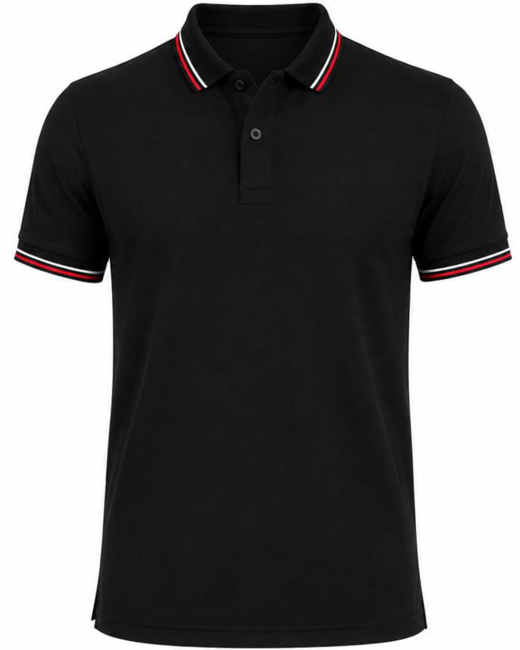 A black short-sleeve polo shirt with a classic collar and sleeve trim featuring red, white, and blue stripes, shown against a plain white background.