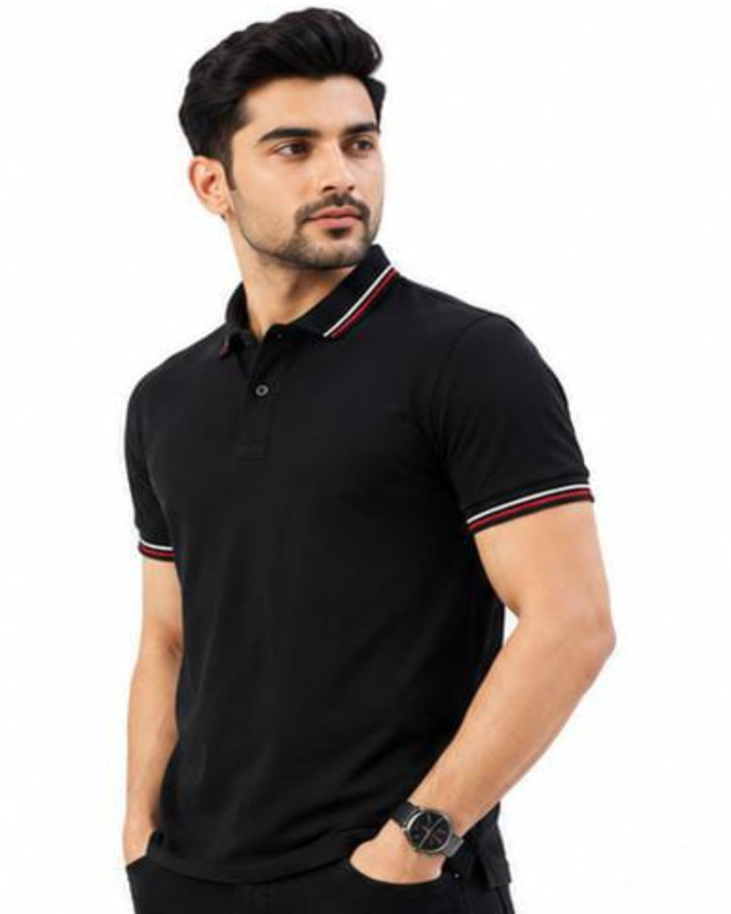A man wearing a black short-sleeve polo shirt with red and white striped trim on the collar and sleeve cuffs, posed against a plain white background.