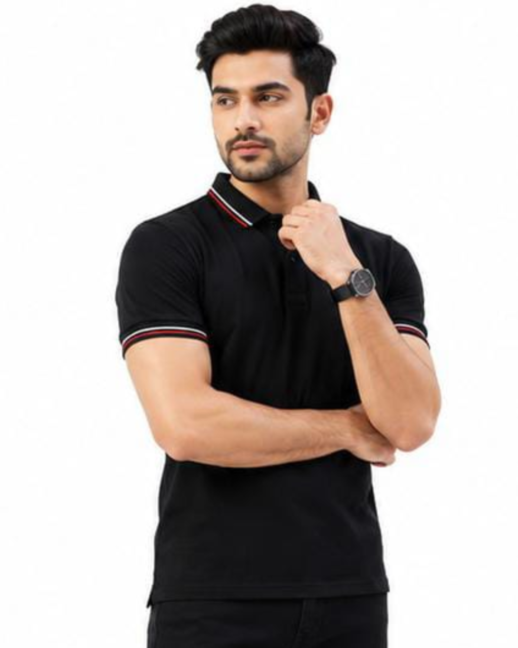 A man wearing a black short-sleeve polo shirt with red and white striped trim on the collar and sleeve cuffs, posed against a plain white background.