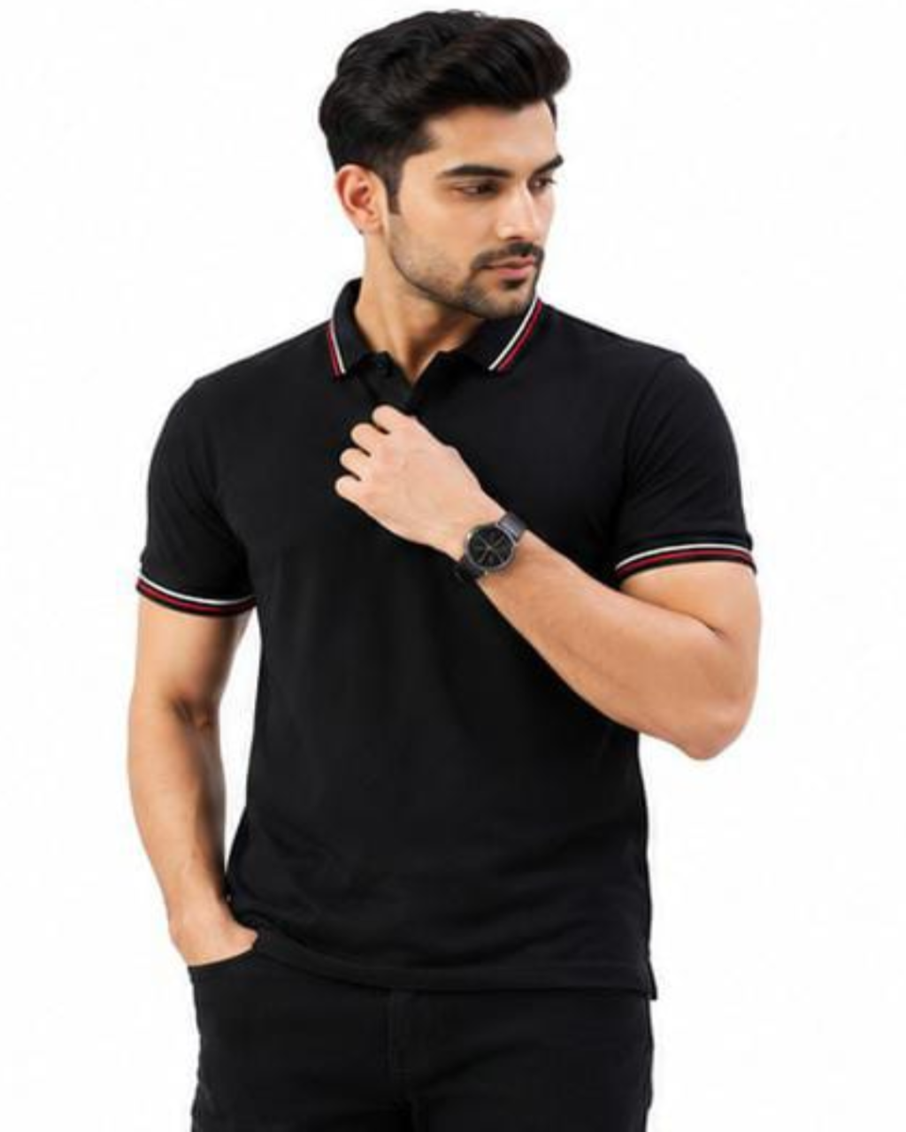 A man wearing a black short-sleeve polo shirt with red and white striped trim on the collar and sleeve cuffs, paired with black pants, against a plain white background.