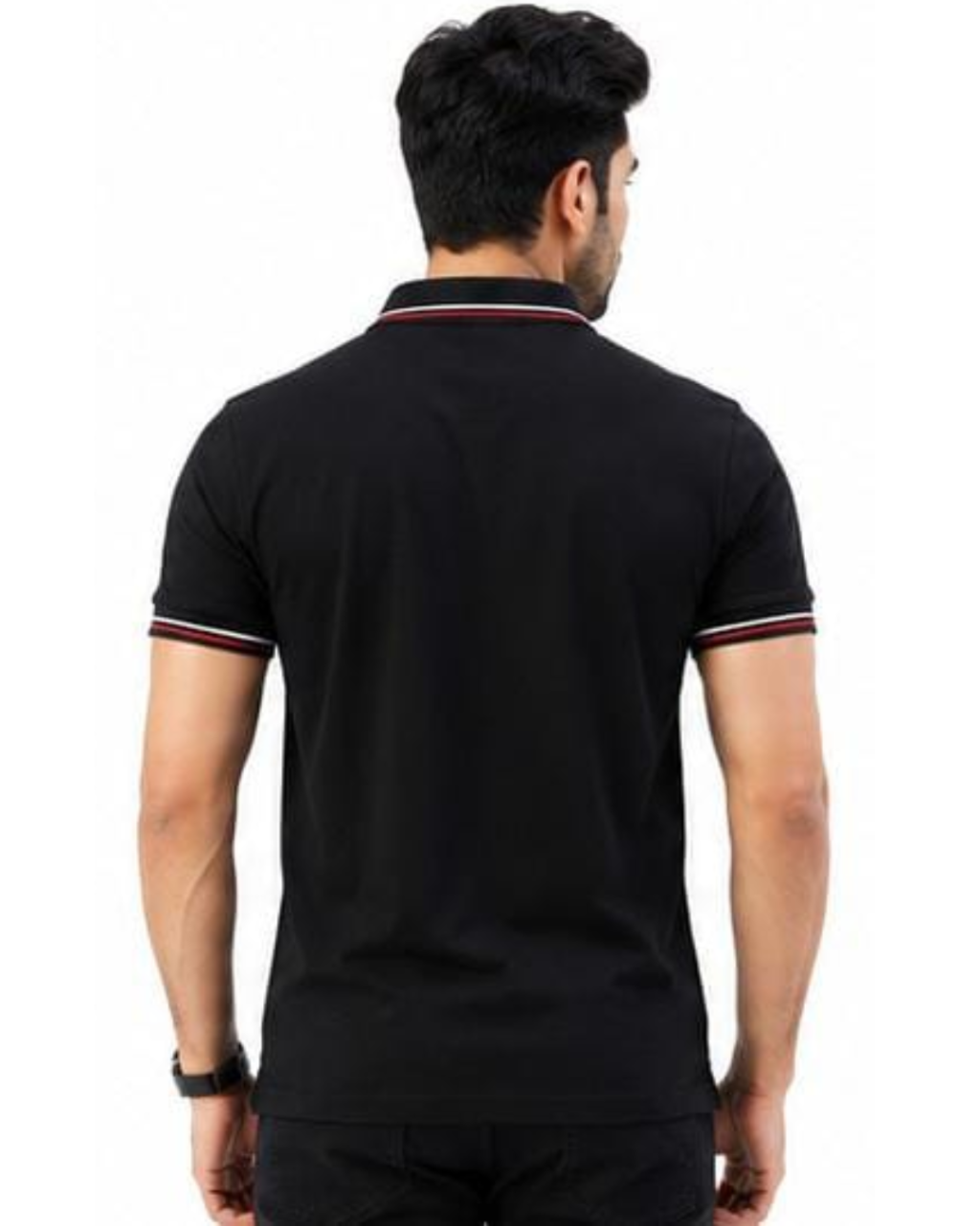 A man viewed from the back wearing a black short-sleeve polo shirt with red and white striped trim on the collar and sleeve cuffs, set against a plain white background.