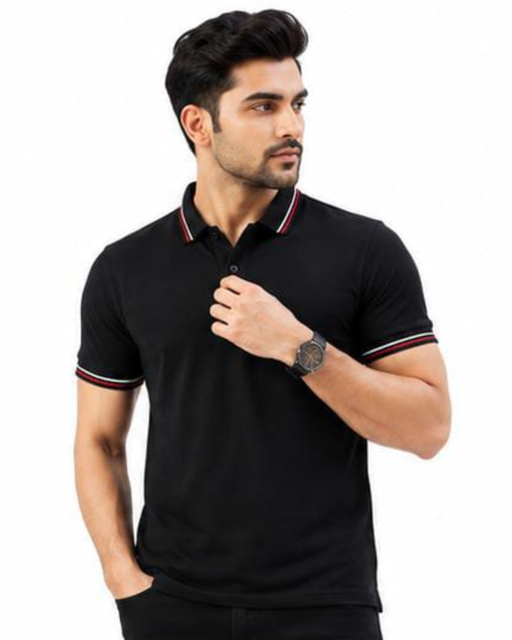 A man wearing a black short-sleeve polo shirt with red and white striped trim on the collar and sleeve cuffs, posed against a plain white background.