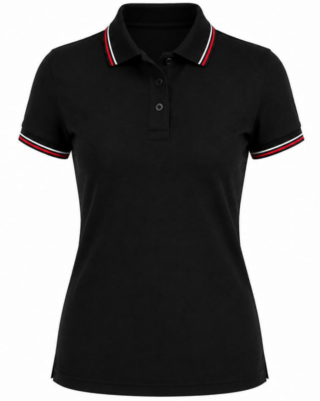 A black short-sleeve polo shirt with a classic collar and button placket, featuring thin red and white striped trim on the collar and sleeve cuffs, shown against a plain white background.
