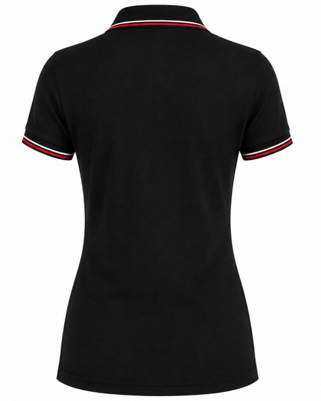 Black short-sleeve polo shirt shown from the back, featuring red and white striped trim on the collar and sleeve cuffs, set against a plain white background.