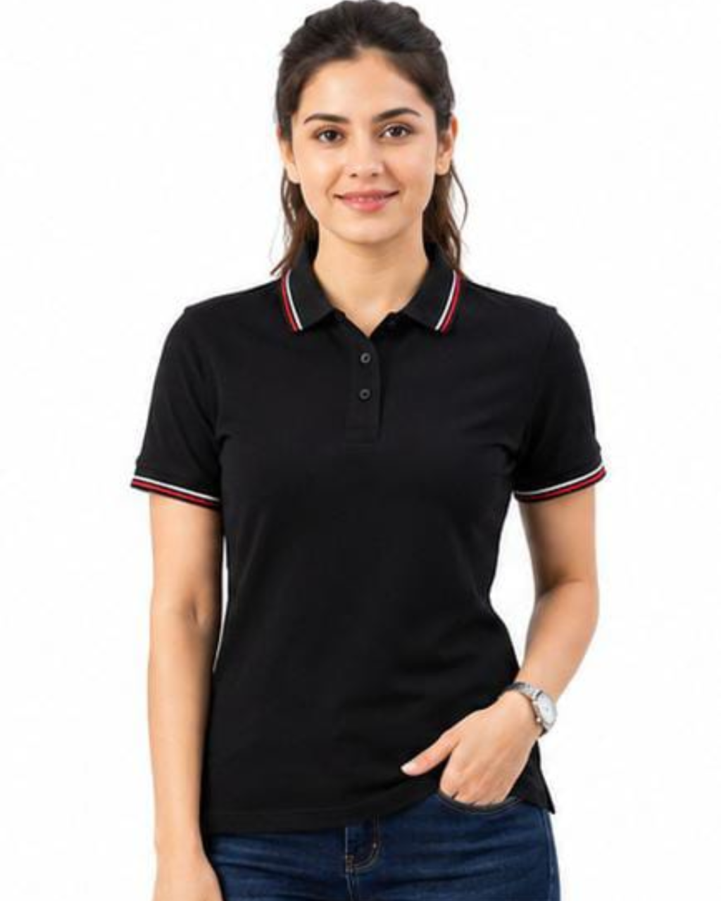 A woman modeling a black short-sleeve polo shirt with red and white striped trim on the collar and sleeve cuffs, paired with blue jeans against a plain white background.