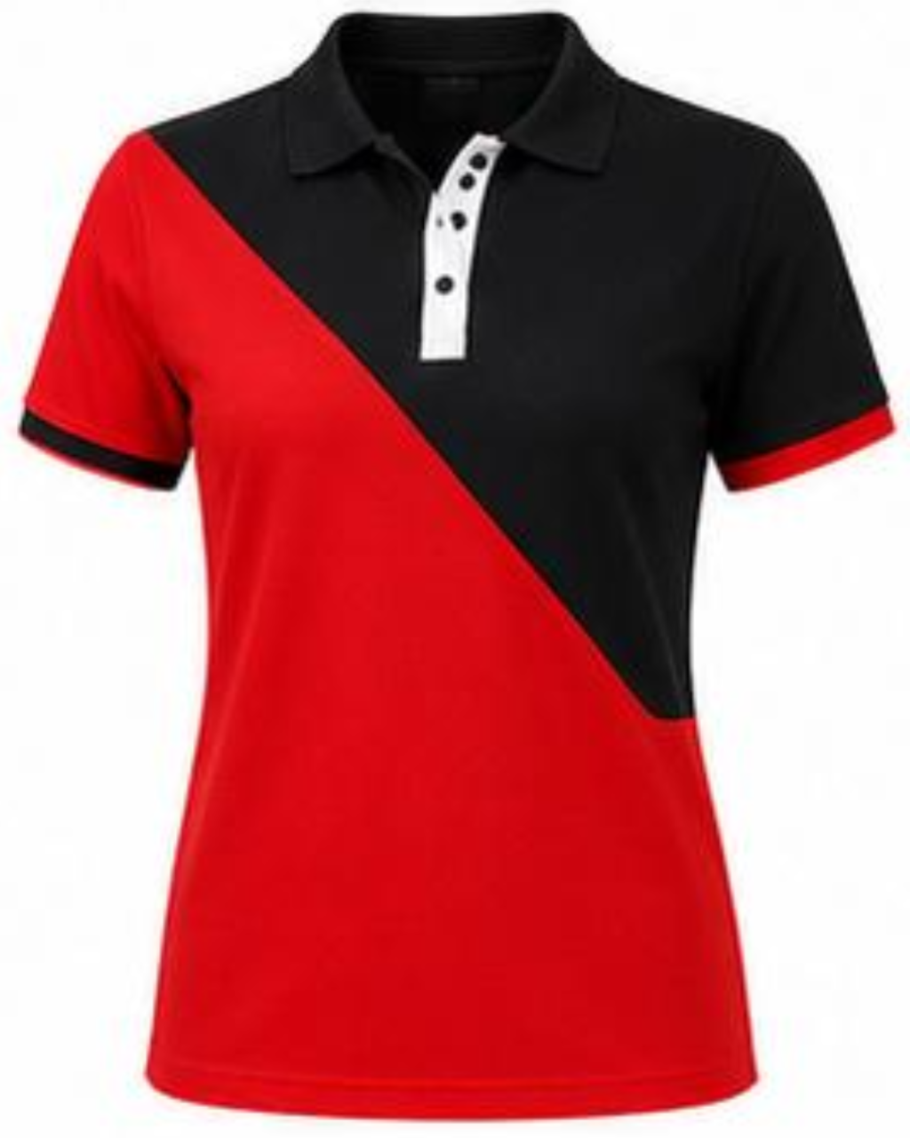 Red and black polo shirt with white buttons on a white background