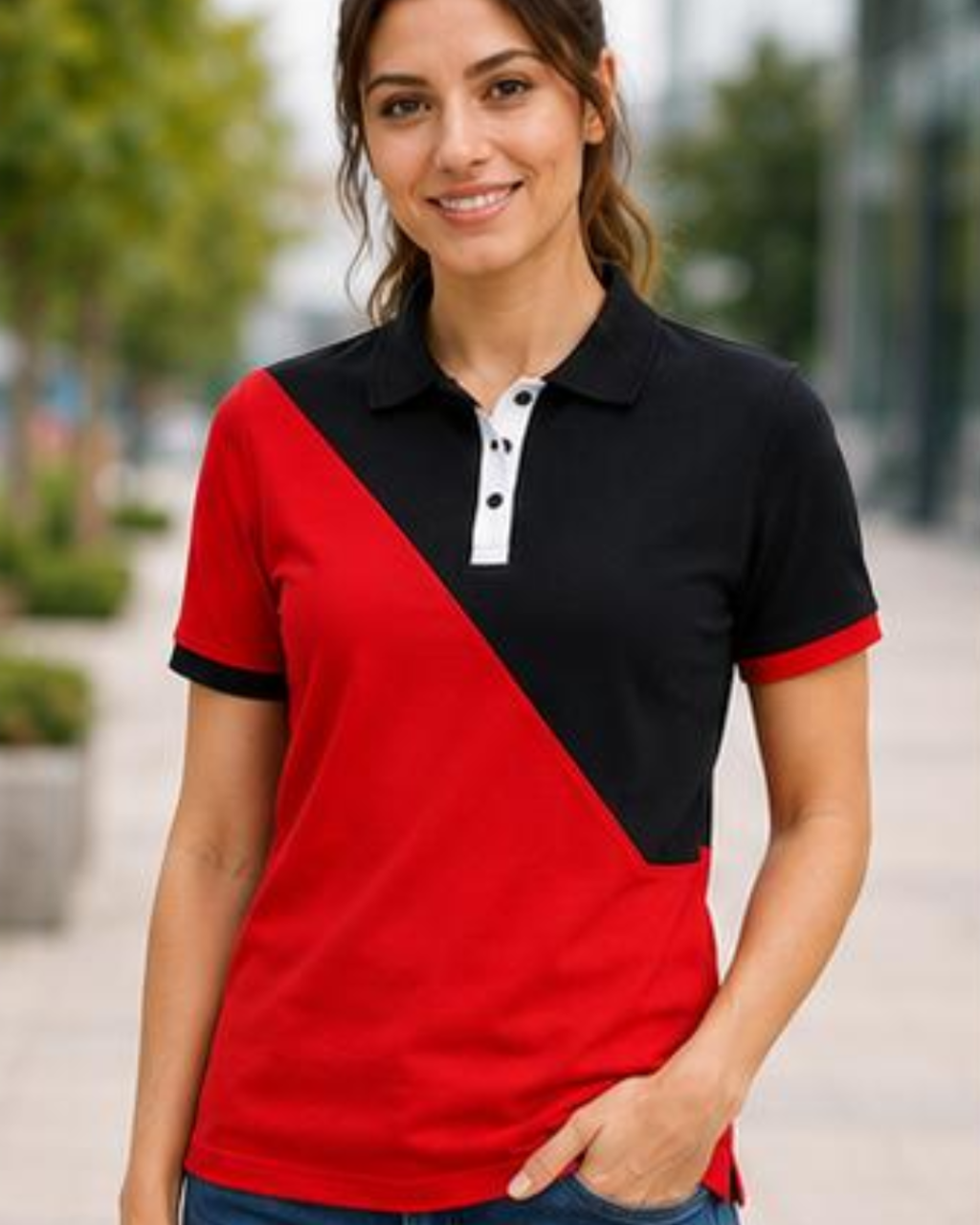 Woman wearing a black and red polo shirt outdoors