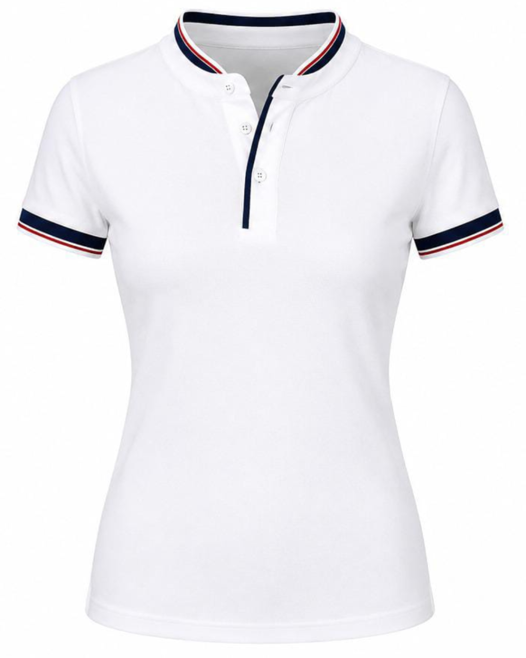 A white short-sleeve polo shirt with a navy and red striped collar and sleeve cuffs, featuring a three-button placket.