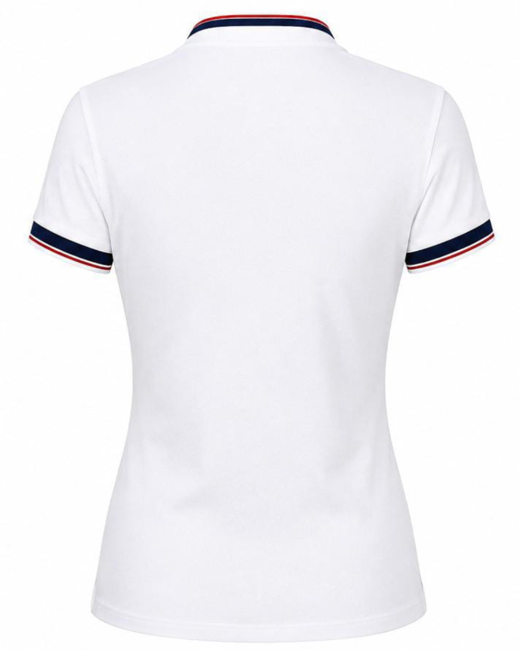 White short-sleeve polo shirt shown from the back, featuring a navy blue and red striped collar and sleeve cuffs.