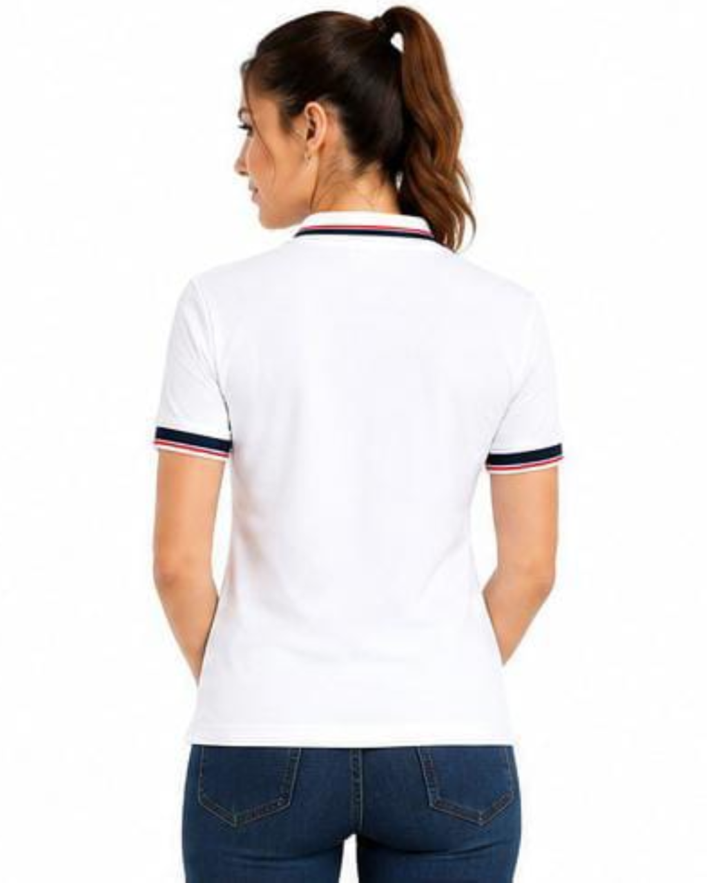 A woman shown from the back wearing a white short-sleeve polo shirt with navy and red striped trim on the collar and sleeve cuffs, paired with dark blue jeans against a plain white background.