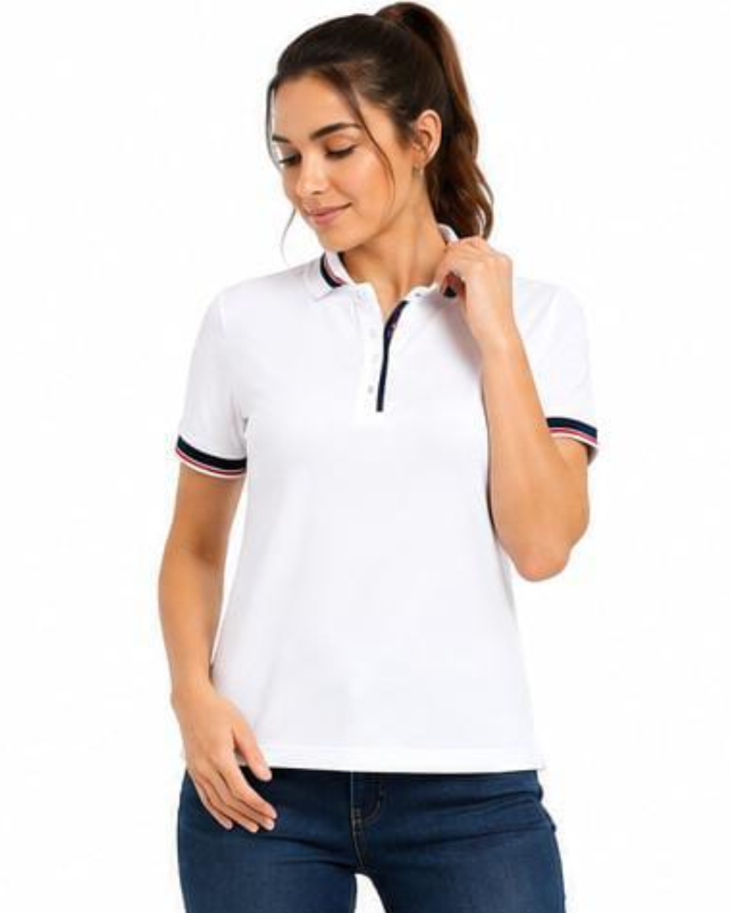 A woman wearing a white short-sleeve polo shirt with navy and red striped trim on the collar and sleeve cuffs, paired with dark blue jeans, against a plain white background.