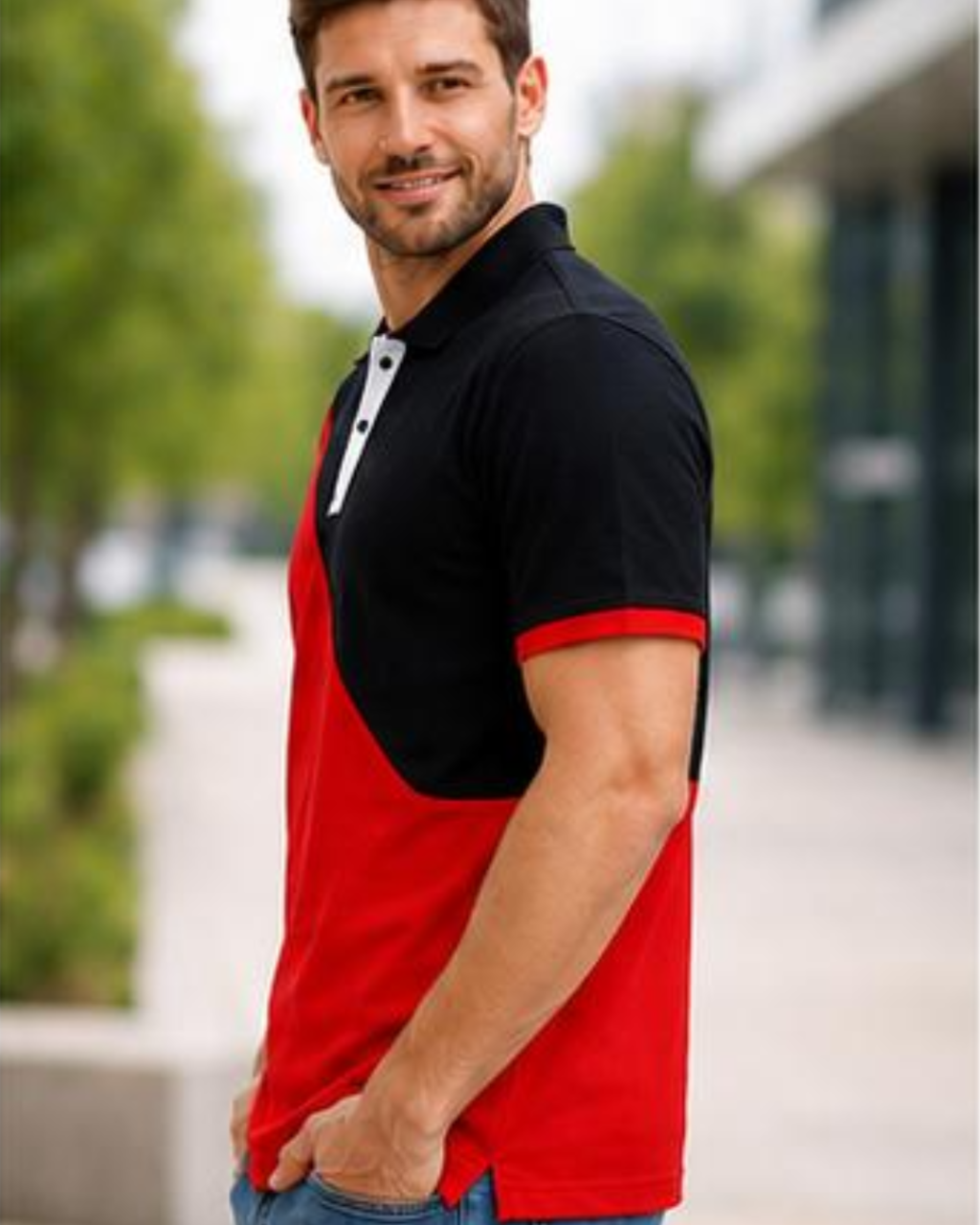 Man wearing a black and red polo shirt outdoors