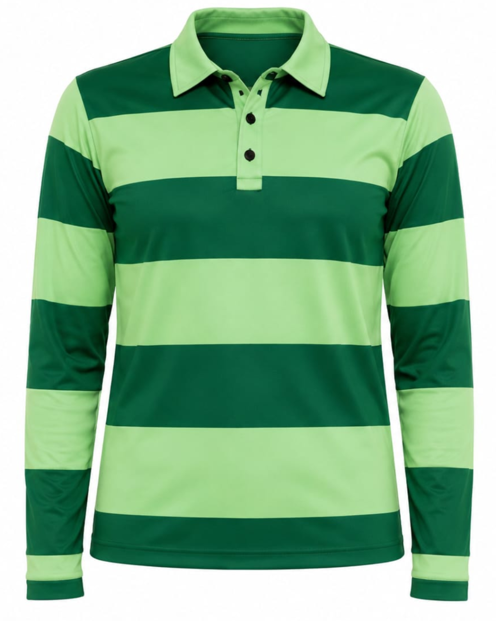 A long-sleeve polo shirt with horizontal stripes in dark green and light green, featuring a two-button placket and a classic collar.