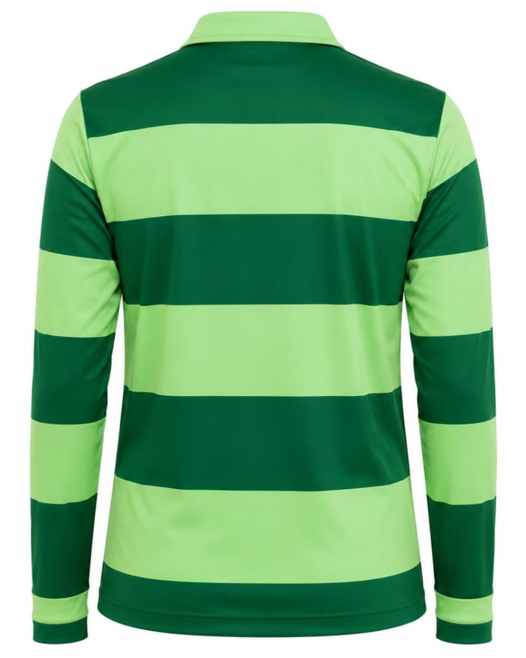 A long-sleeve rugby-style shirt shown from the back, featuring alternating horizontal stripes of dark green and light neon green on a plain white background.