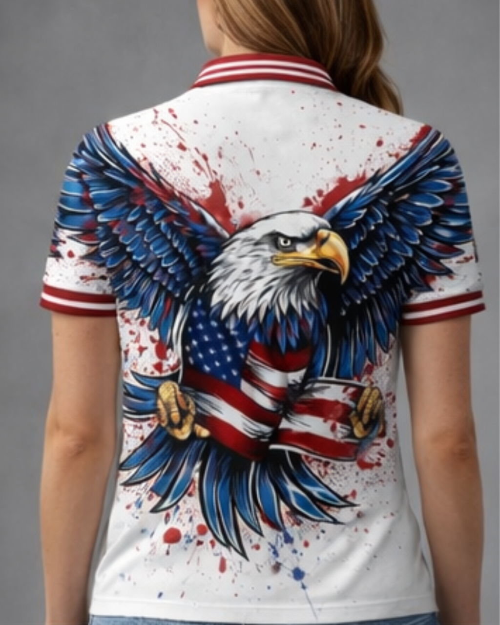 Person wearing a shirt with an eagle and American flag design on a gray background