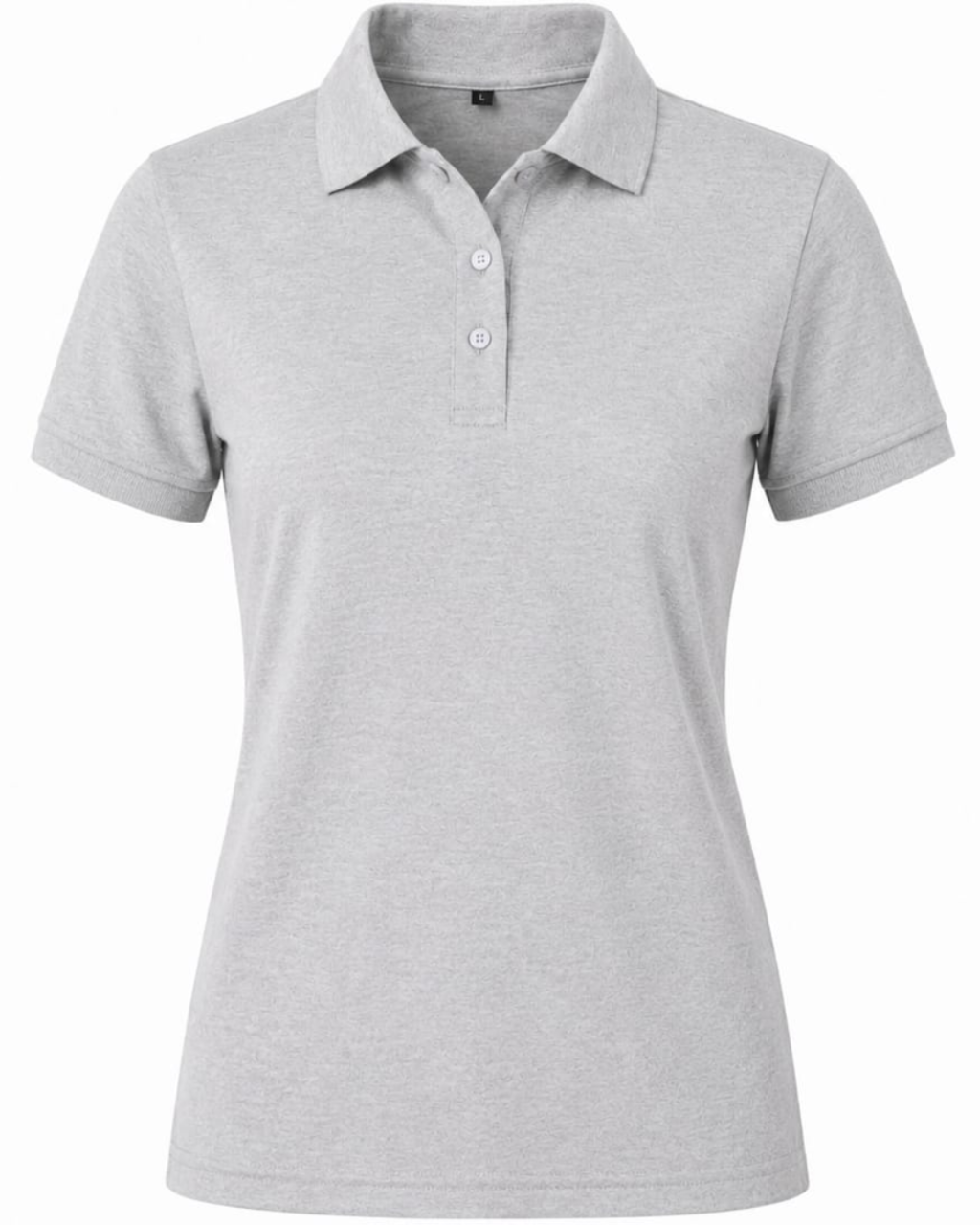 A light gray short-sleeve polo shirt with a three-button placket, shown on a plain white background.