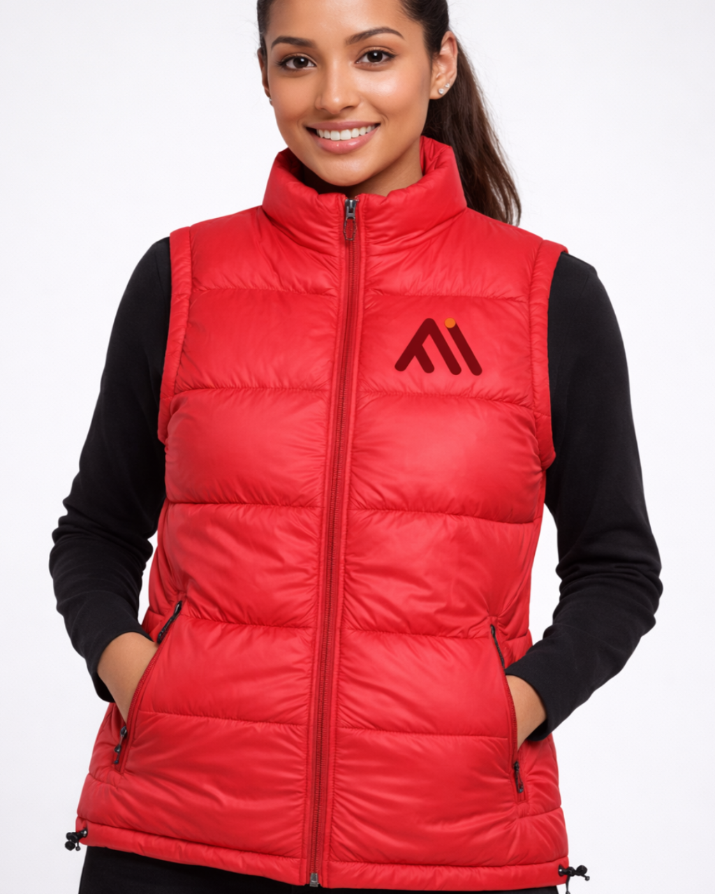Woman wearing a red puffer vest with a logo on a white background