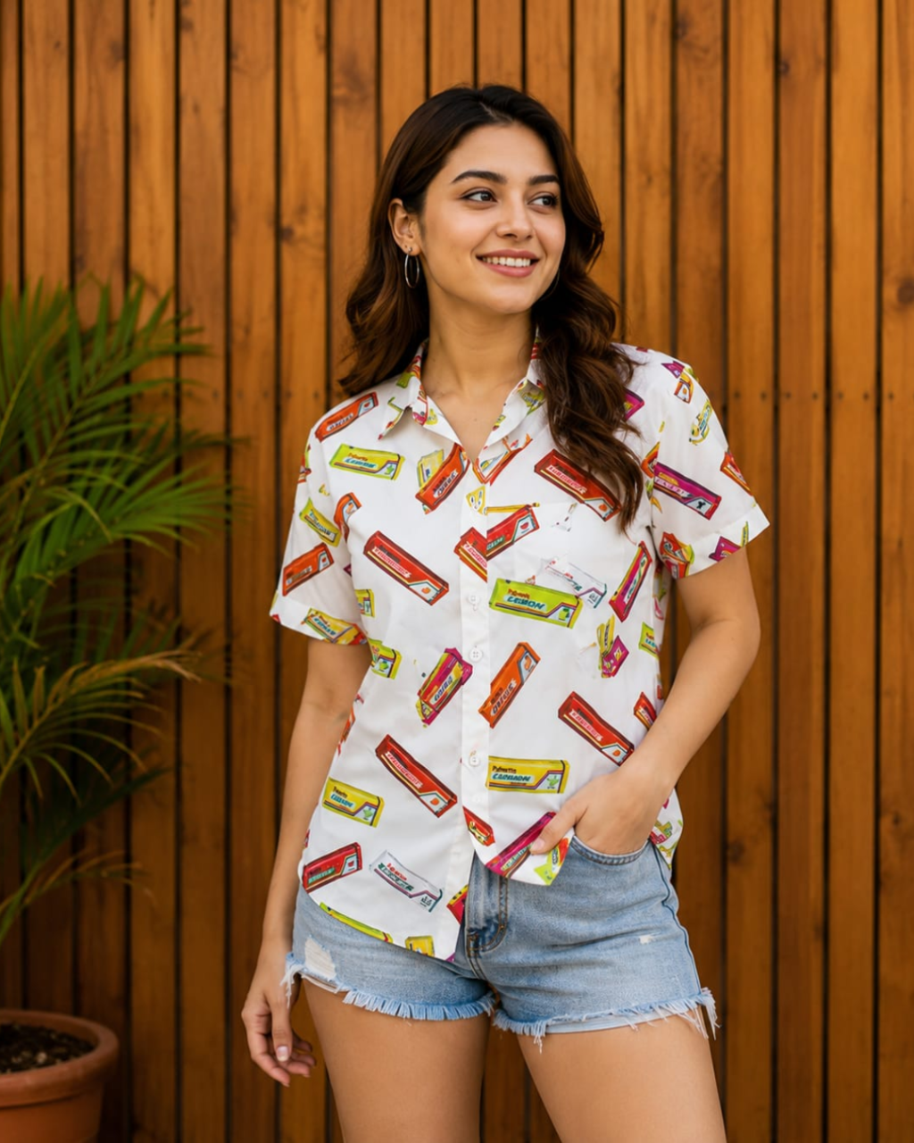 Woman wearing a patterned shirt and denim shorts standing against a wooden wall.