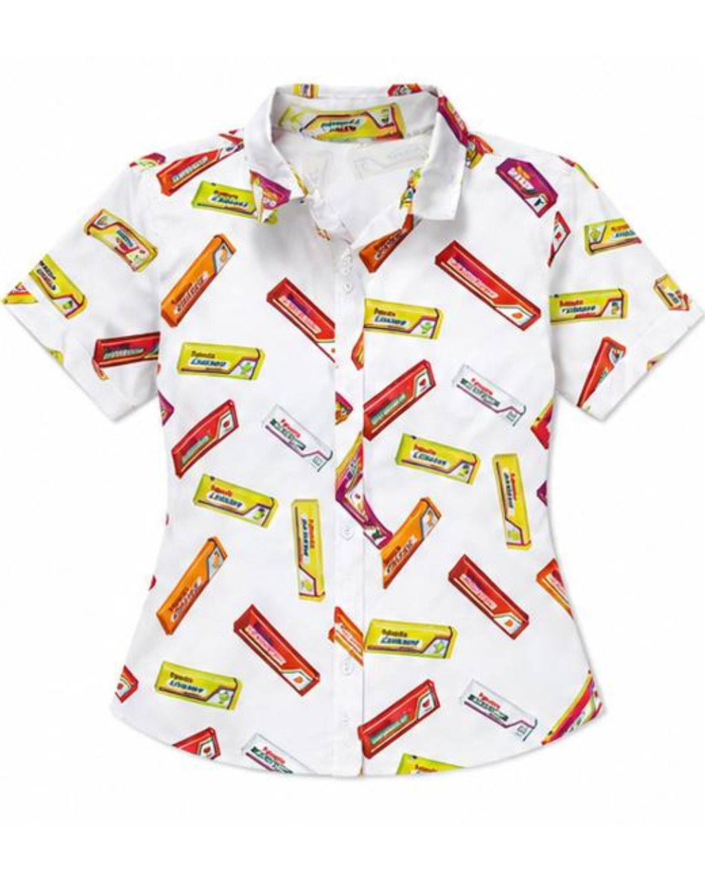 White shirt with candy bar pattern on a white background