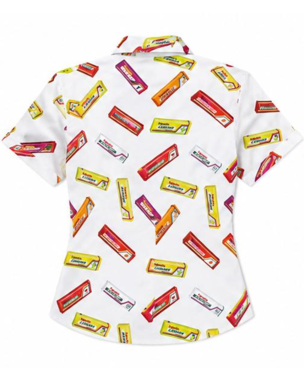 White t-shirt with candy bar pattern on a white background